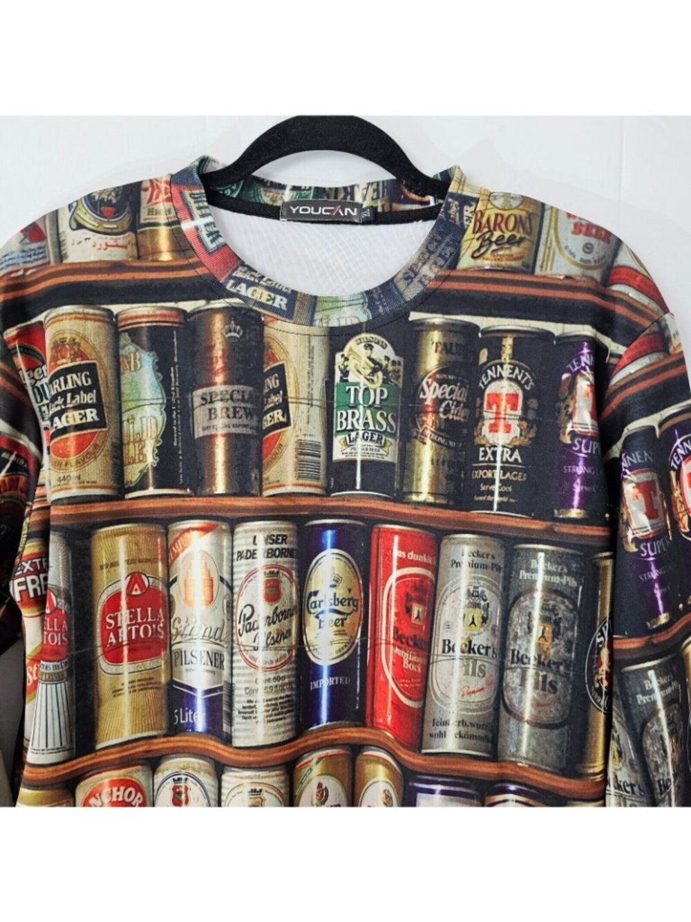 YOUCAN Sweatshirt Mens M Beer Can All Over Print Crew Neck Long Sleeve - Picture 2 of 8
